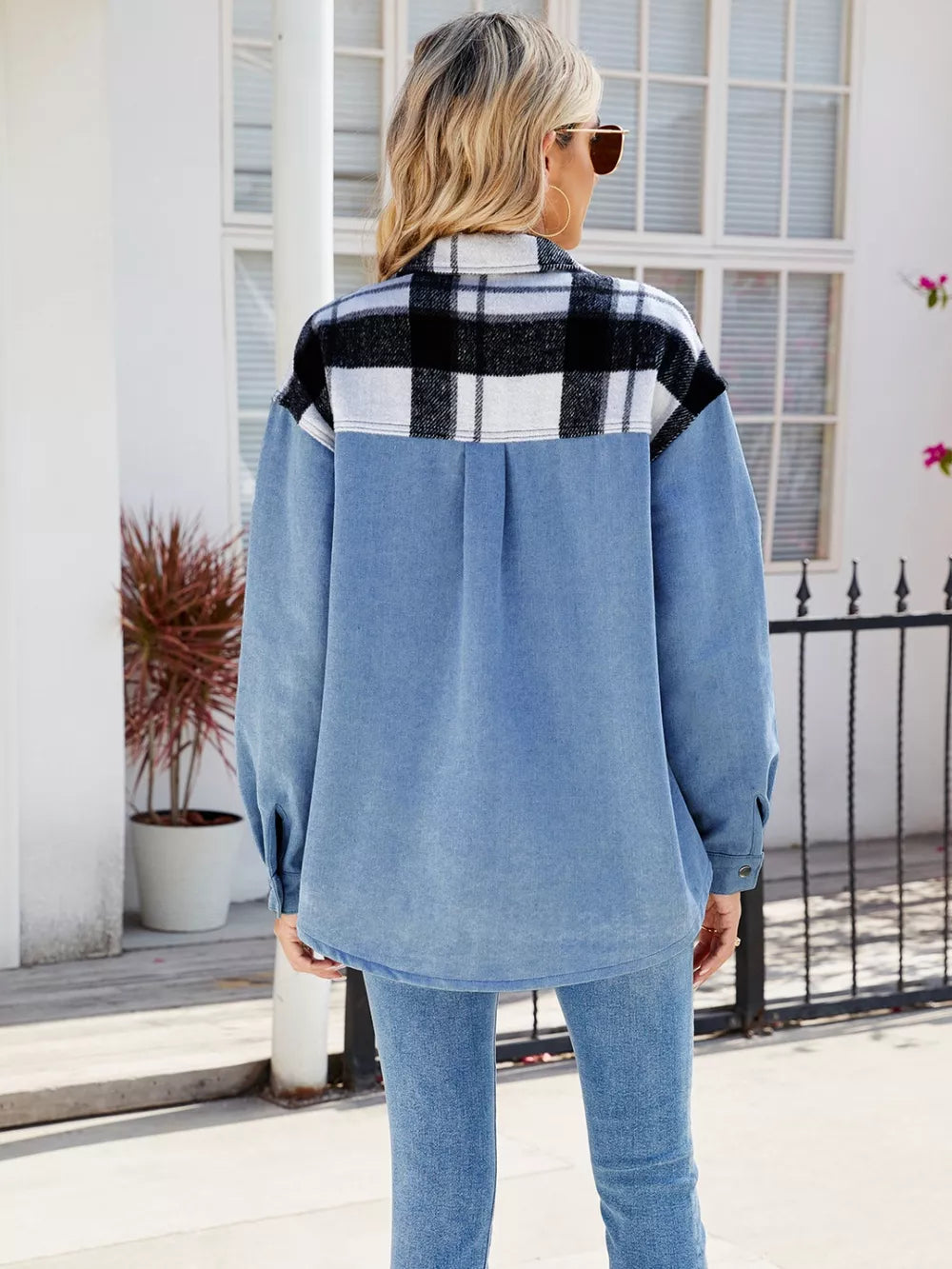 Pocketed Plaid Snap Down Denim Jacket in Dusty Blue, view 2