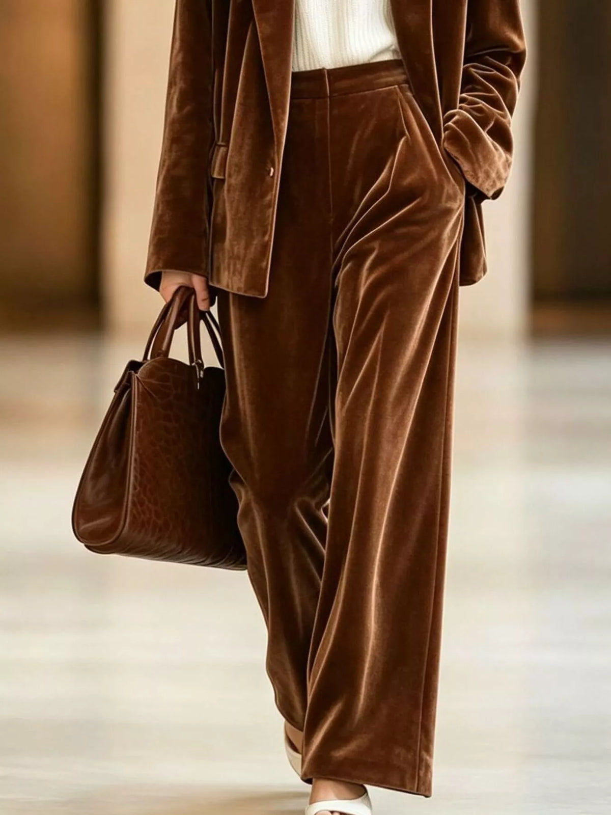 Velvet Blazer and Wide-Leg Pants Two-Piece Set - Lilixa.store