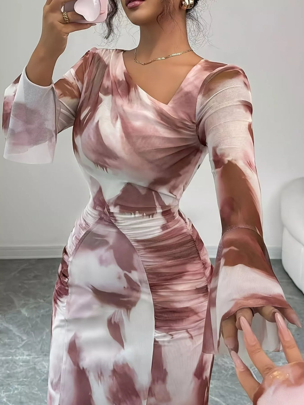 Printed Asymmetrical Neck Long Sleeve Maxi Dress - Lilixa.store