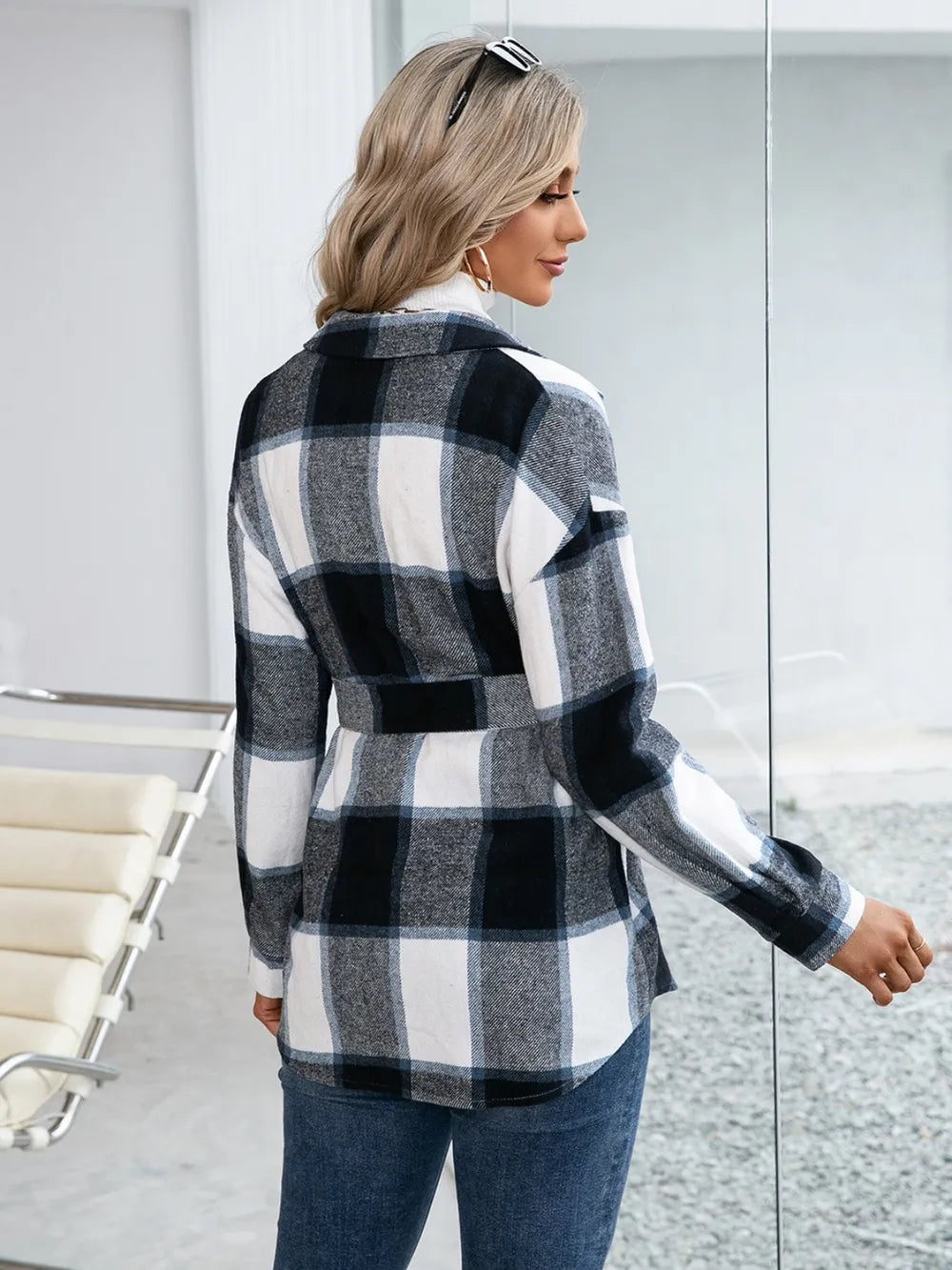 Ivy Lane Plaid Button Up Long Sleeve Shacket in Black, view 2