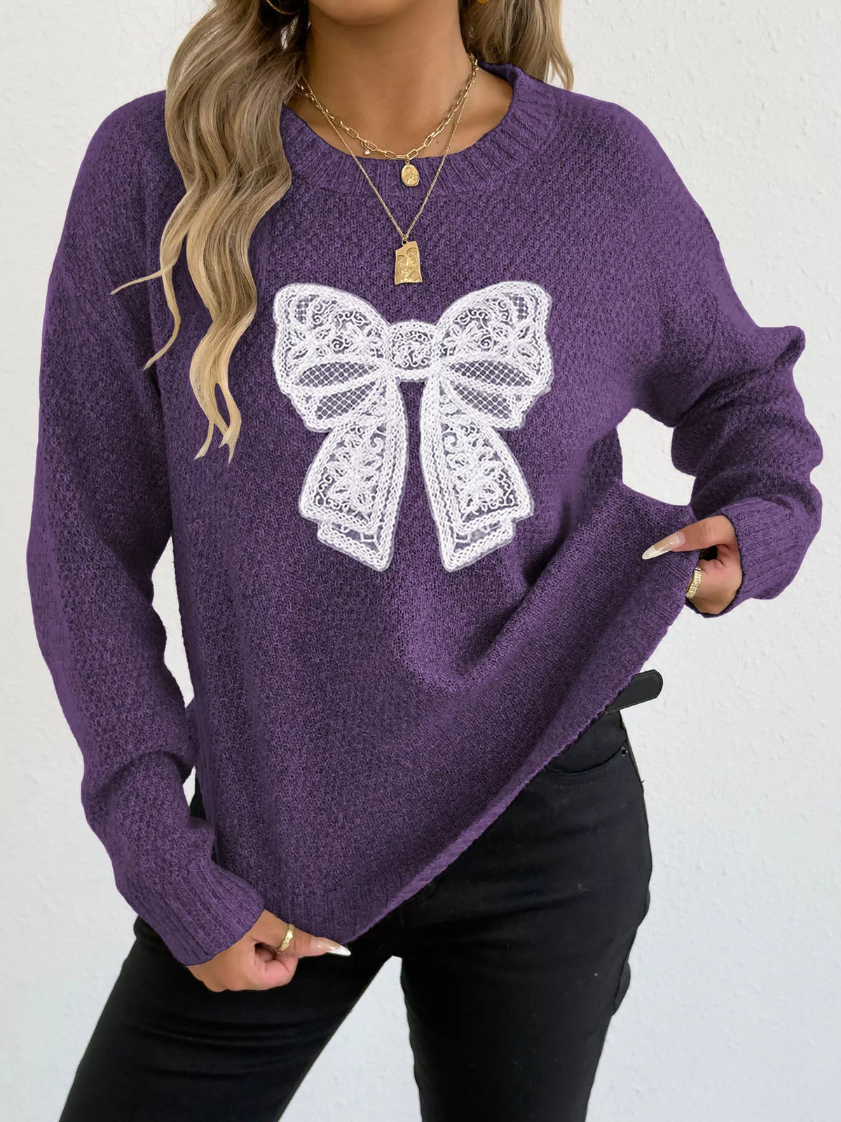 Lace Bow Embroidered Round Neck Sweater - Lilixa.store