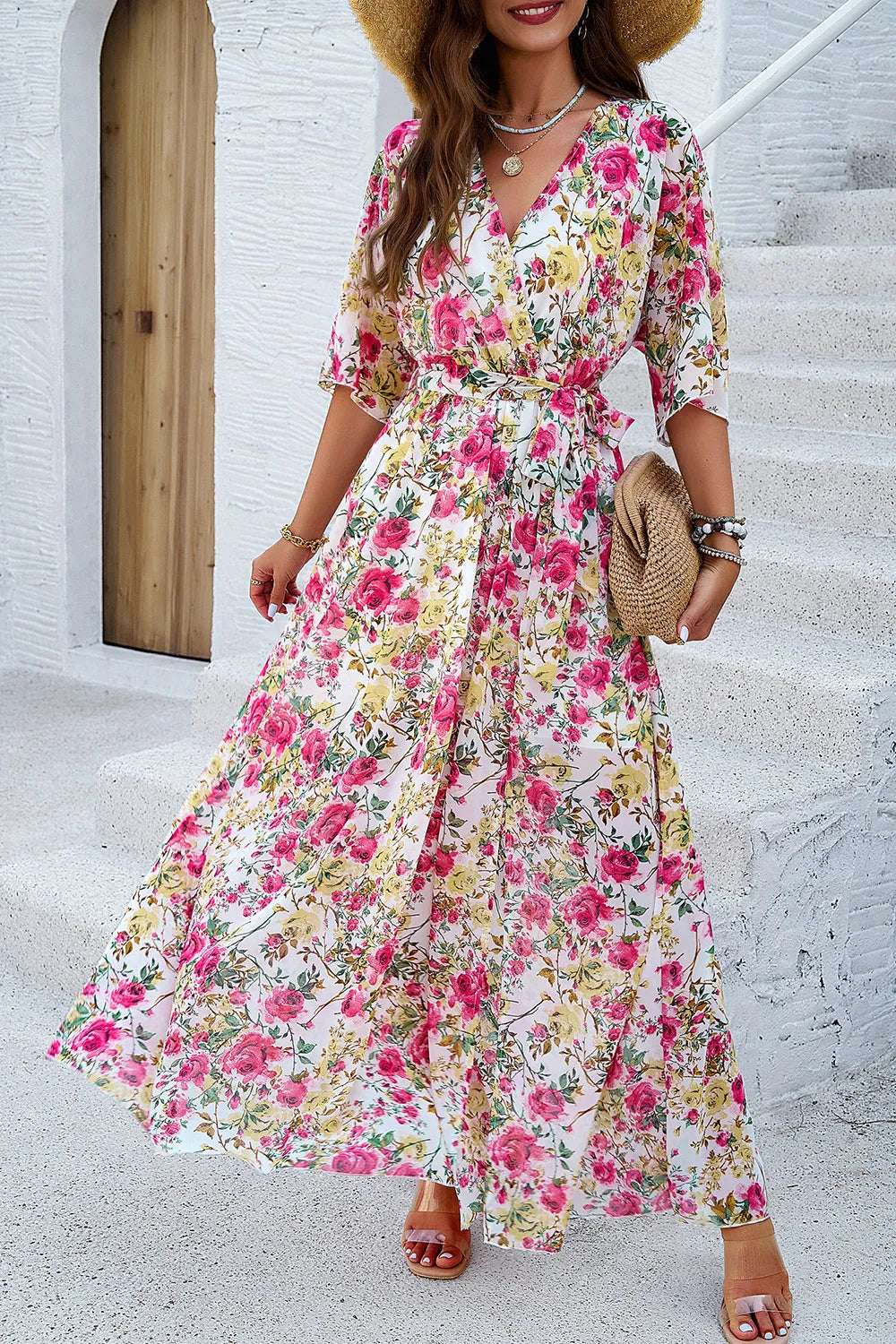 Devine Printed Tied Half Sleeve Slit Dress - Lilixa.store