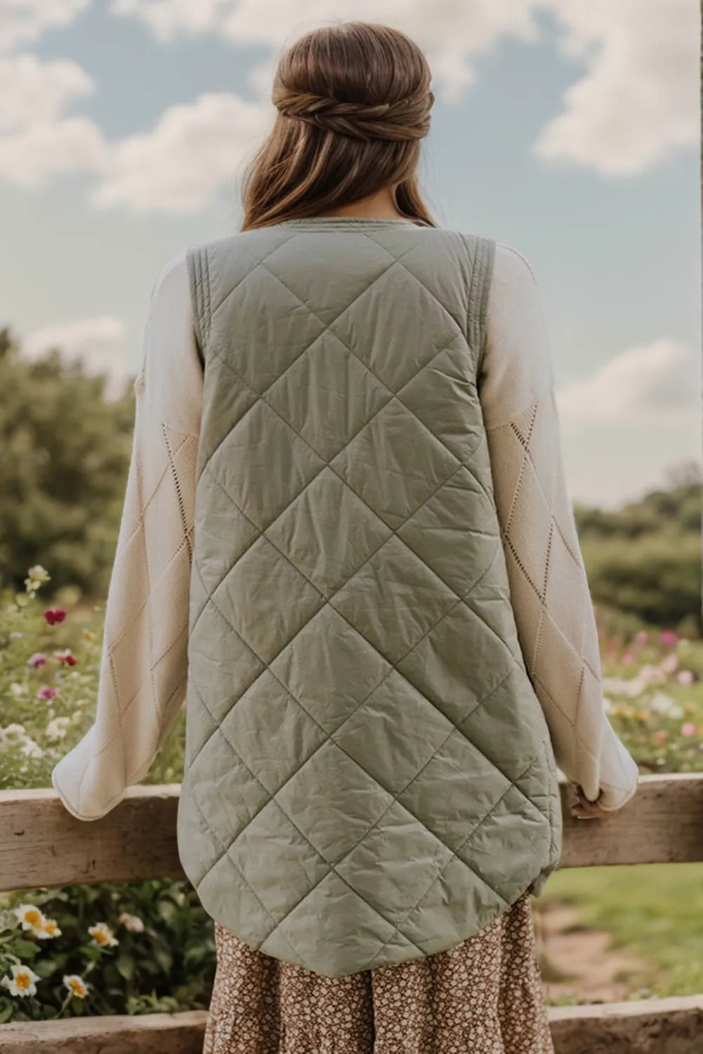 Button Up Pocketed Vest Coat in Sage, view 6