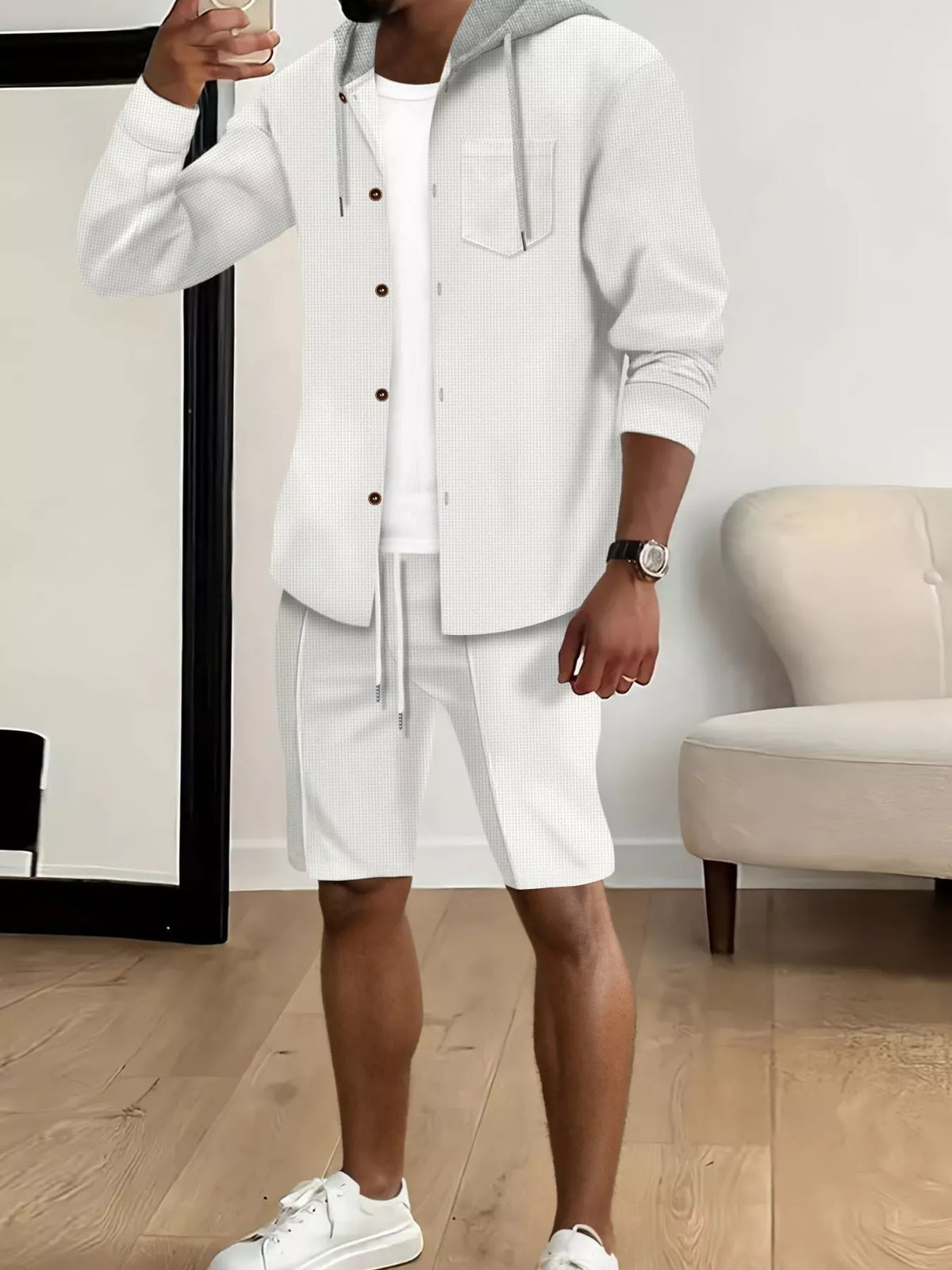 Men's Full Size Casual Hooded Button-Up Top and Shorts Set Plus Size - Lilixa.store