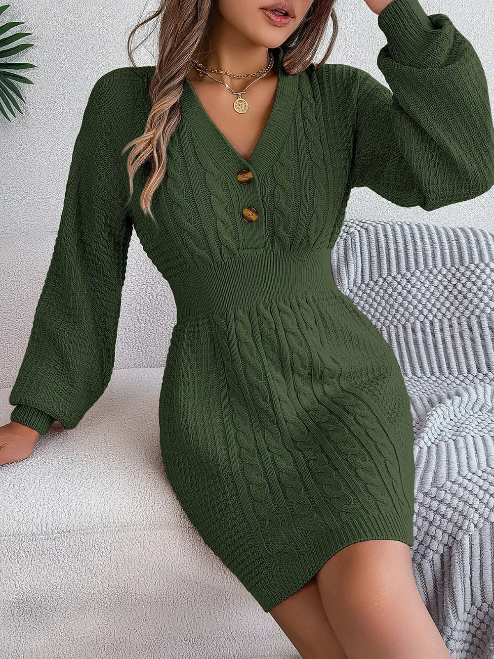Buttoned Cable-Knit V-Neck Sweater Dress, view 11