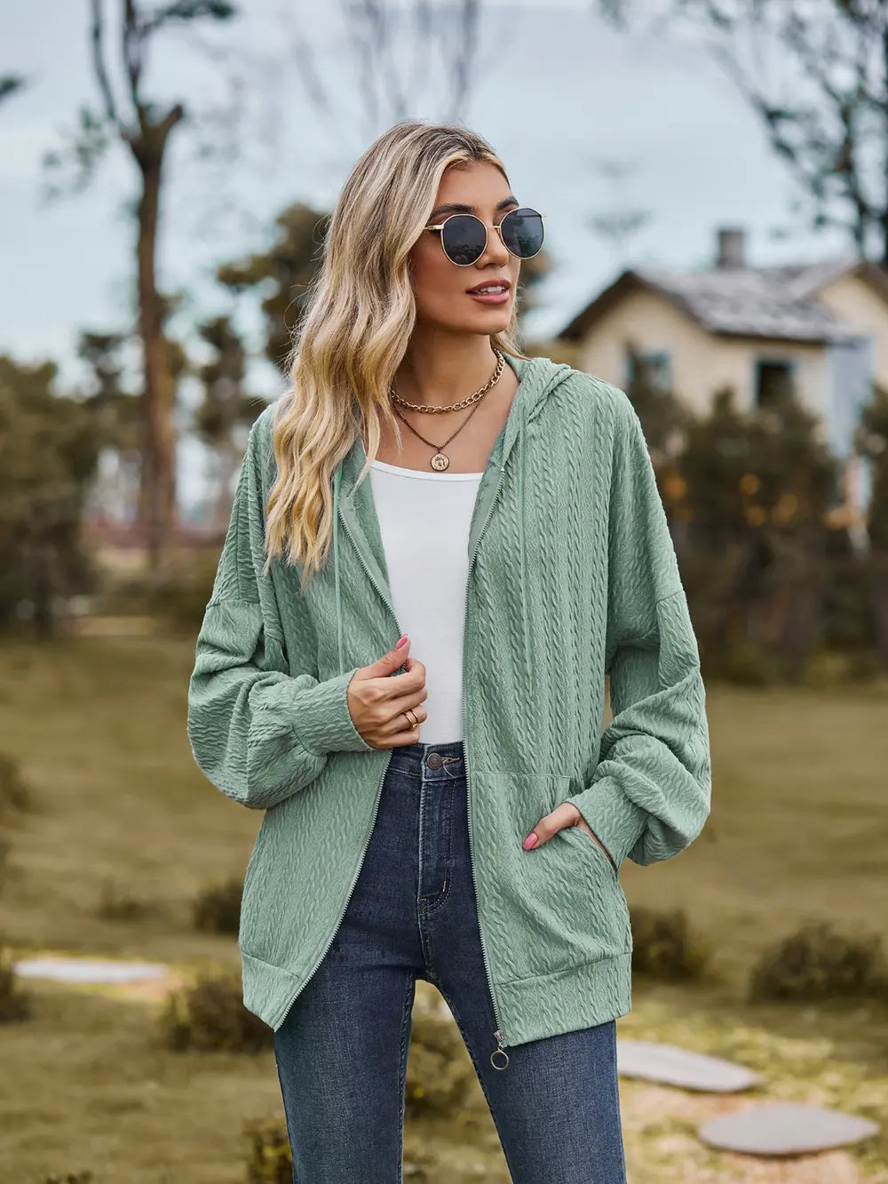 Zip Up Drawstring Long Sleeve Hooded Jacket, view 2