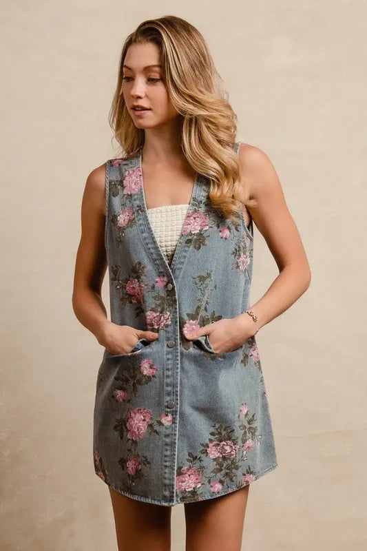BiBi Floral Print Washed Denim Long Rider Vest, view 7
