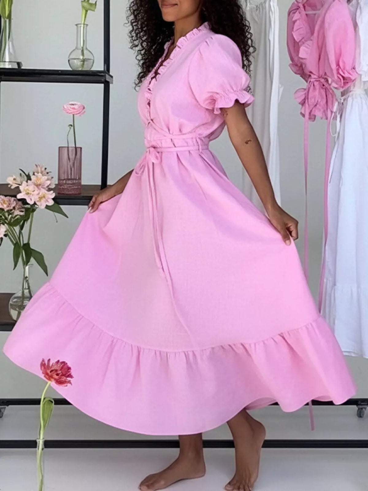 Full Size Puff Sleeve Ruffle Trim Maxi Dress Plus Size, view 7