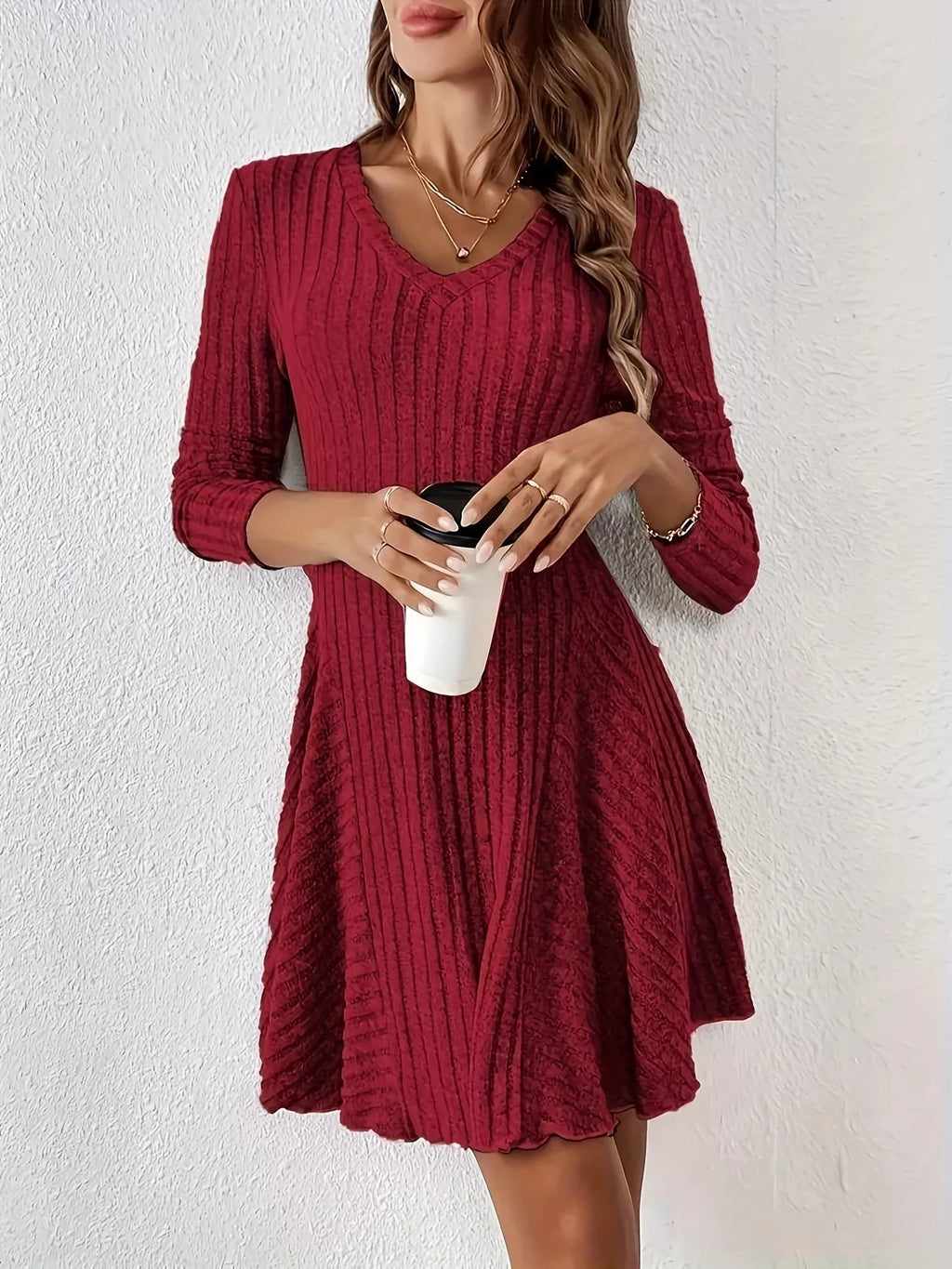 V-Neck Ribbed Knit Flared Knit Dress - Lilixa.store