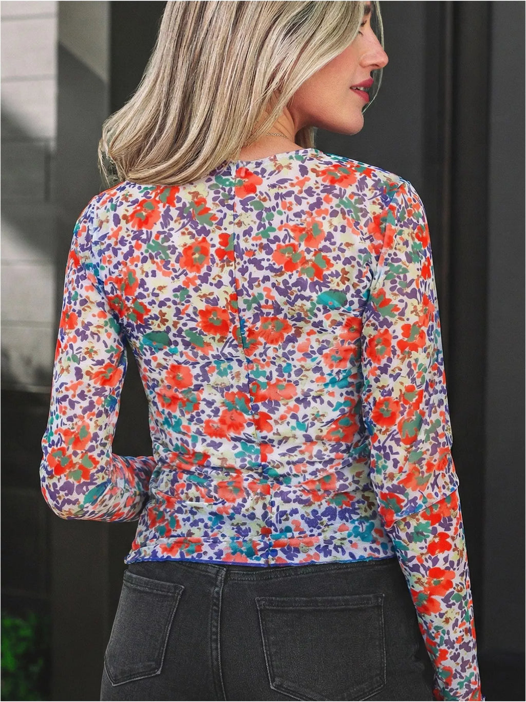 Floral Print Sheer Mesh Long Sleeve Mock Neck Top - Lilixa.store