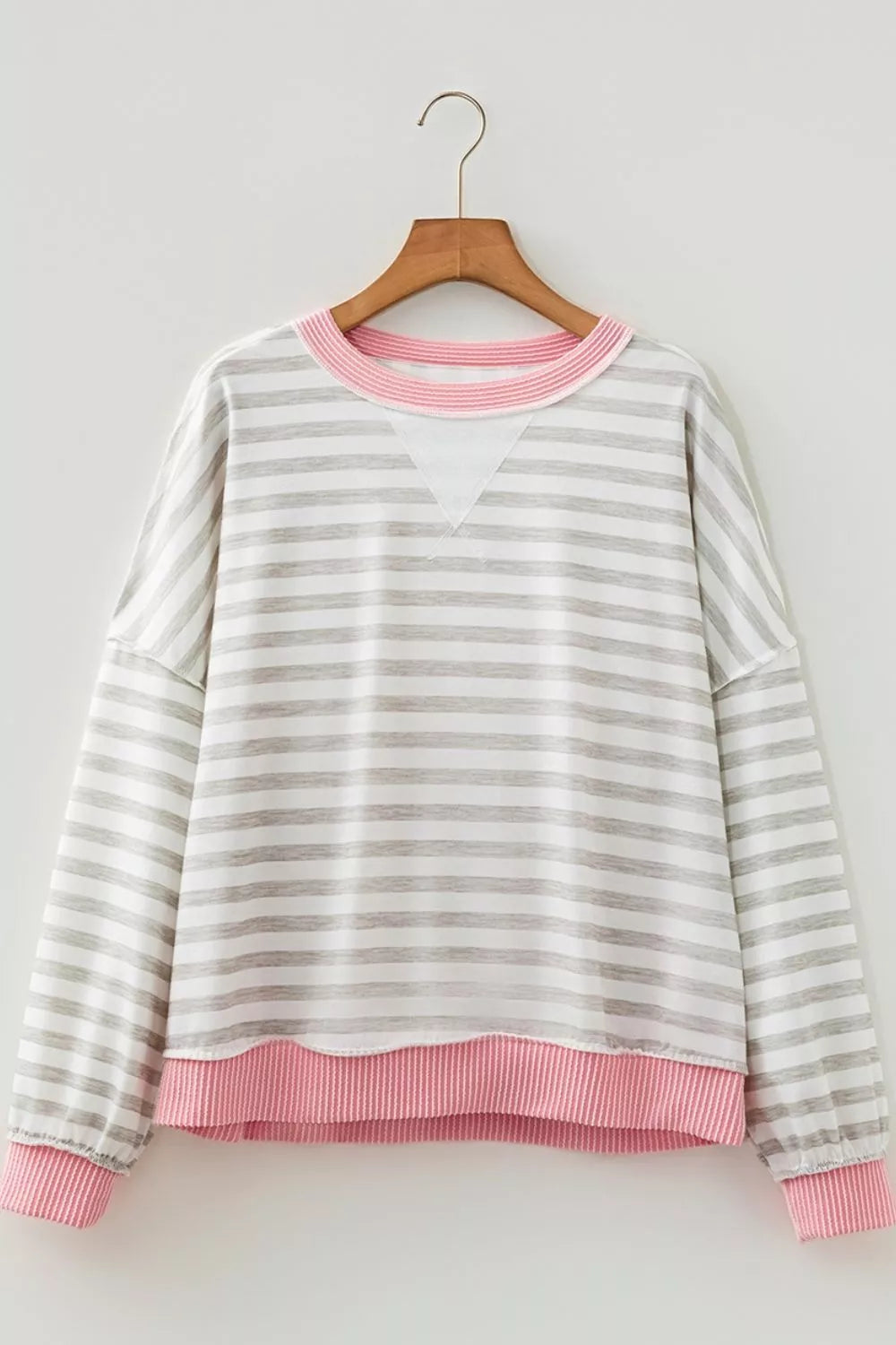 Twisted Rib Trim Striped Round Neck Loose Pullover Sweatshirt - Lilixa.store
