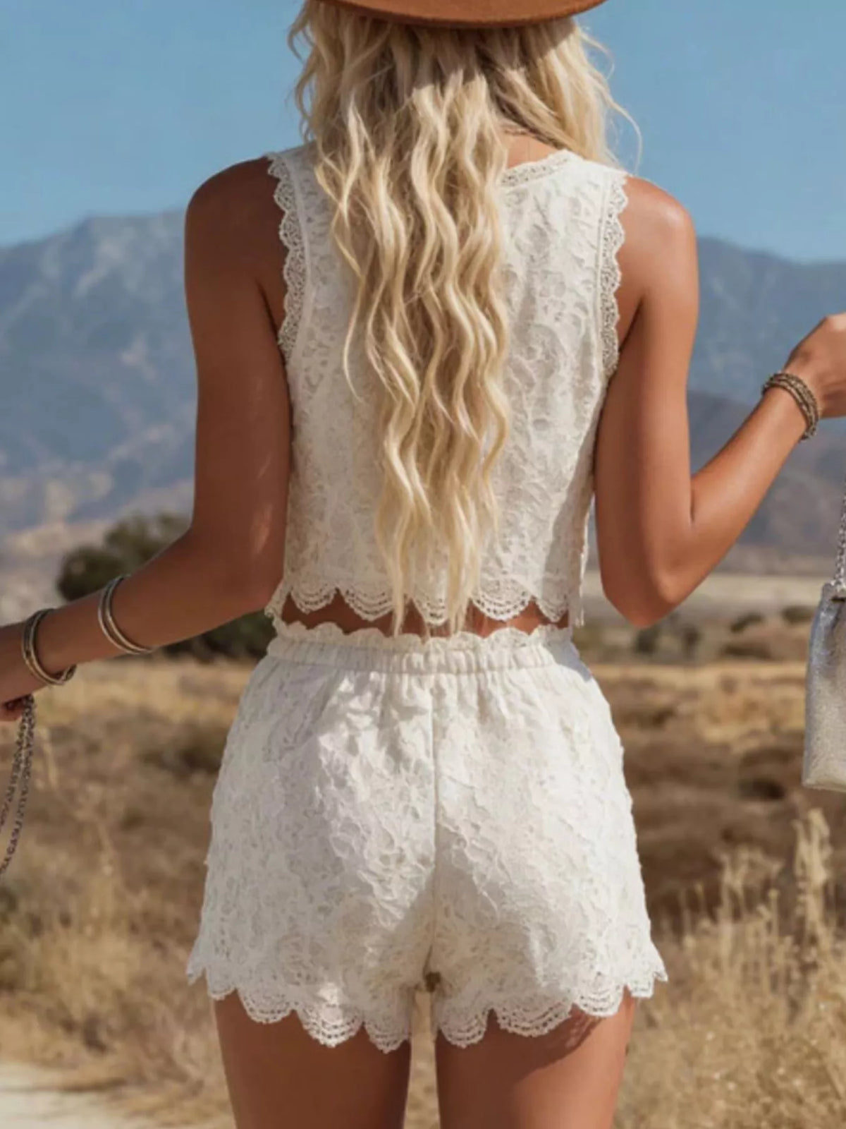 Lace Crop Cami and Shorts Two-Piece Set in White, view 5