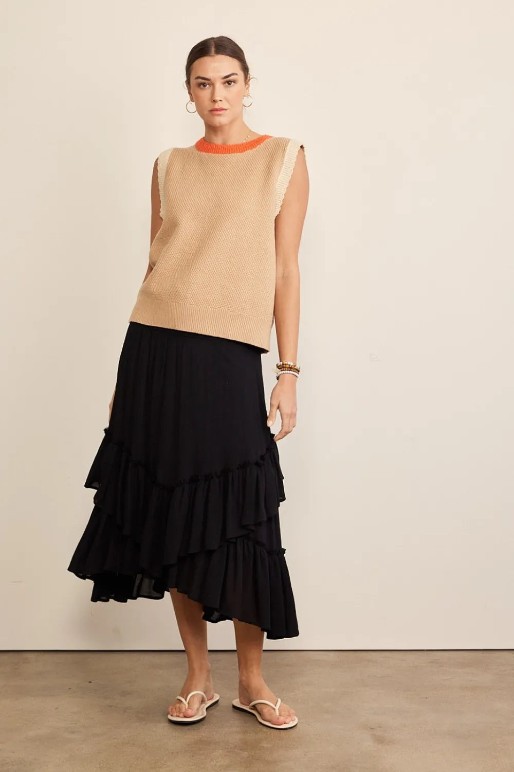 In February Contrast Round Neck Sweater Vest in Taupe Multi, view 4