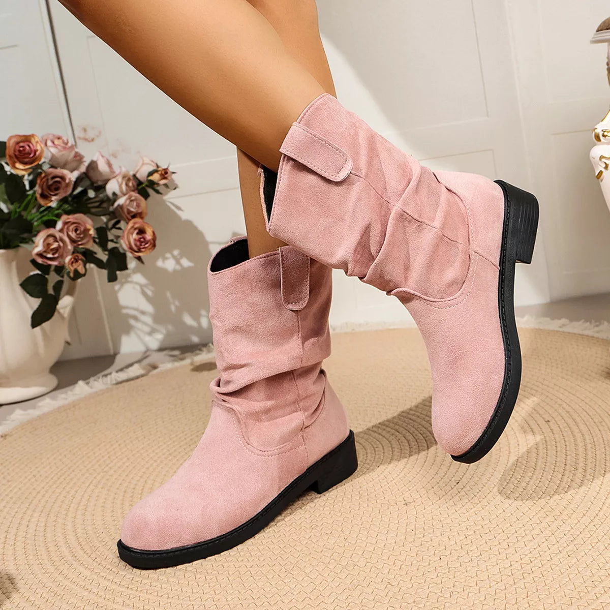 Round Toe Slouchy Boots in Pink