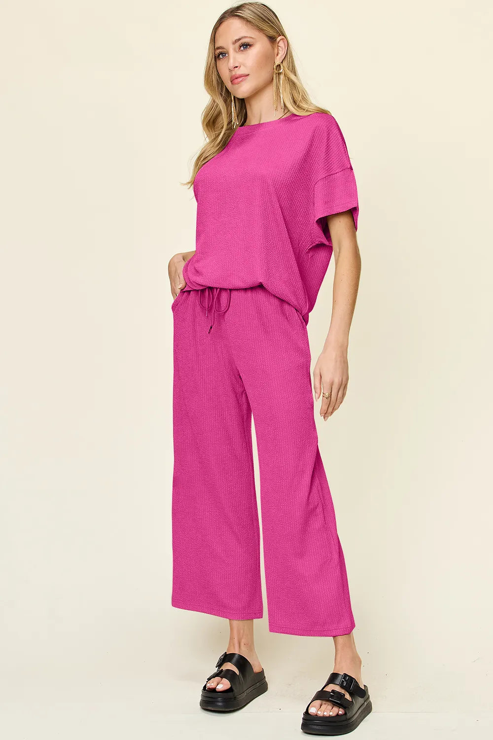 Double Take Full Size Texture Round Neck Short Sleeve T-Shirt and Wide Leg Pants in Hot Pink