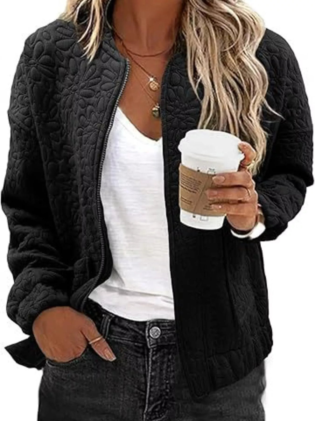 Floral Quilted Zip Up Jacket in Black