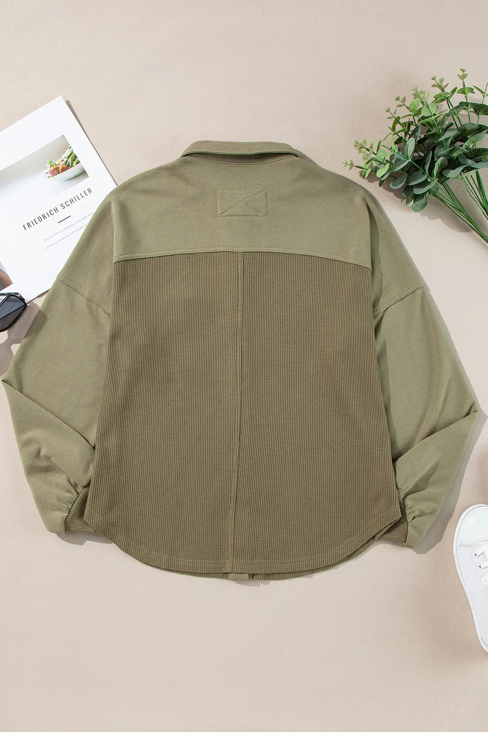 Waffle-Knit Collared Neck Long Sleeve Shacket in Moss, view 2