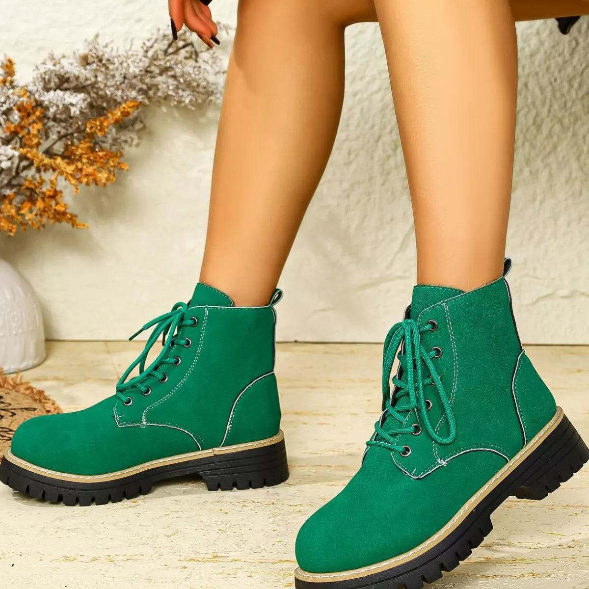 Round Toe Lace Up Boots in Green