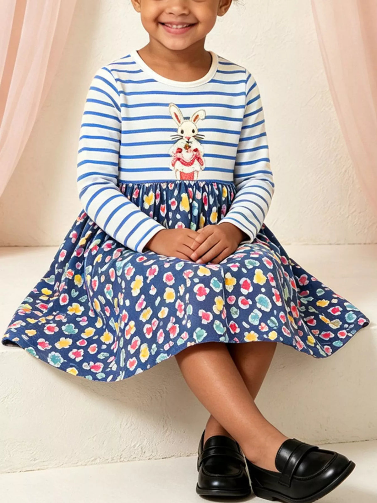 Children's Bunny Graphic Striped Floral Print Dress in Dark Blue