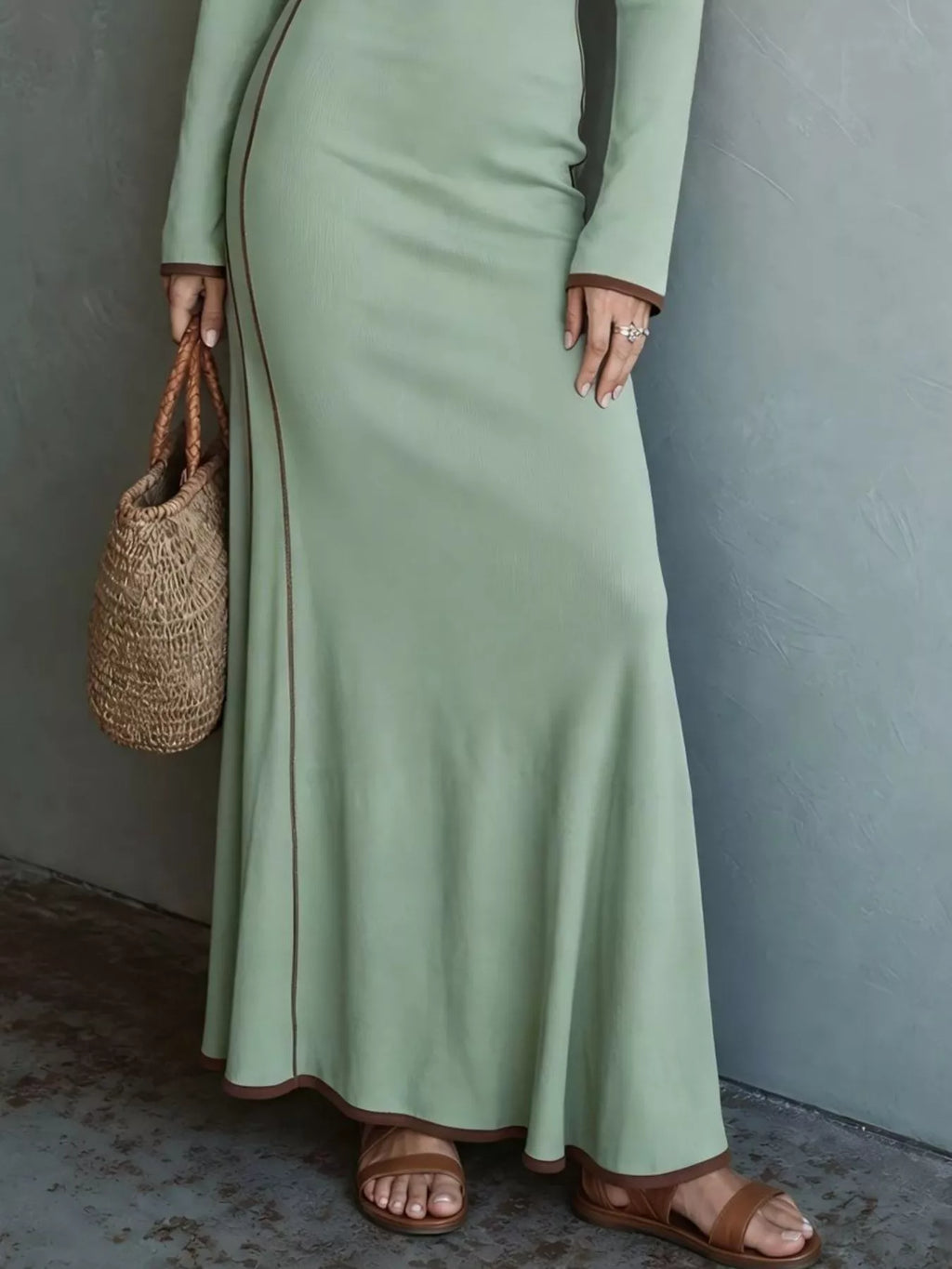 Full Size Contrast Trim Zip-Up Long Sleeve Knit Maxi Dress Plus Size - Lilixa.store