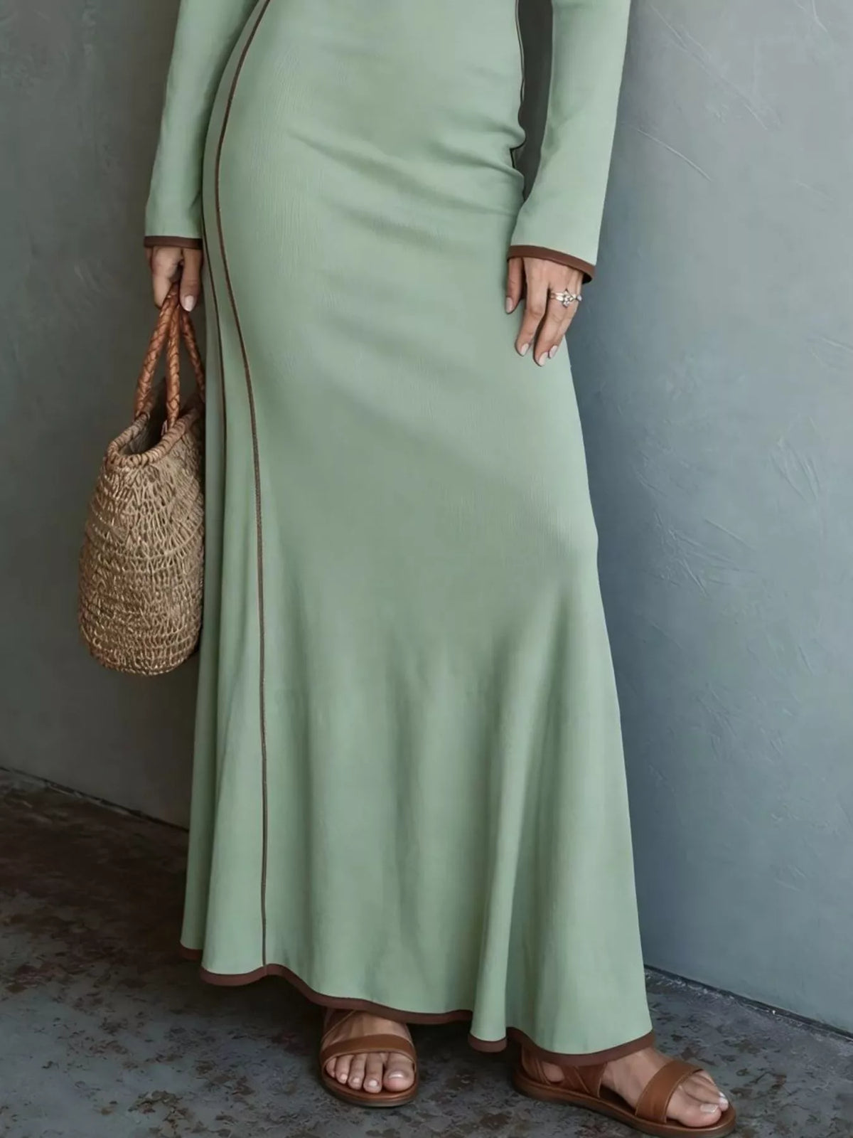 Full Size Contrast Trim Zip-Up Long Sleeve Knit Maxi Dress Plus Size - Lilixa.store