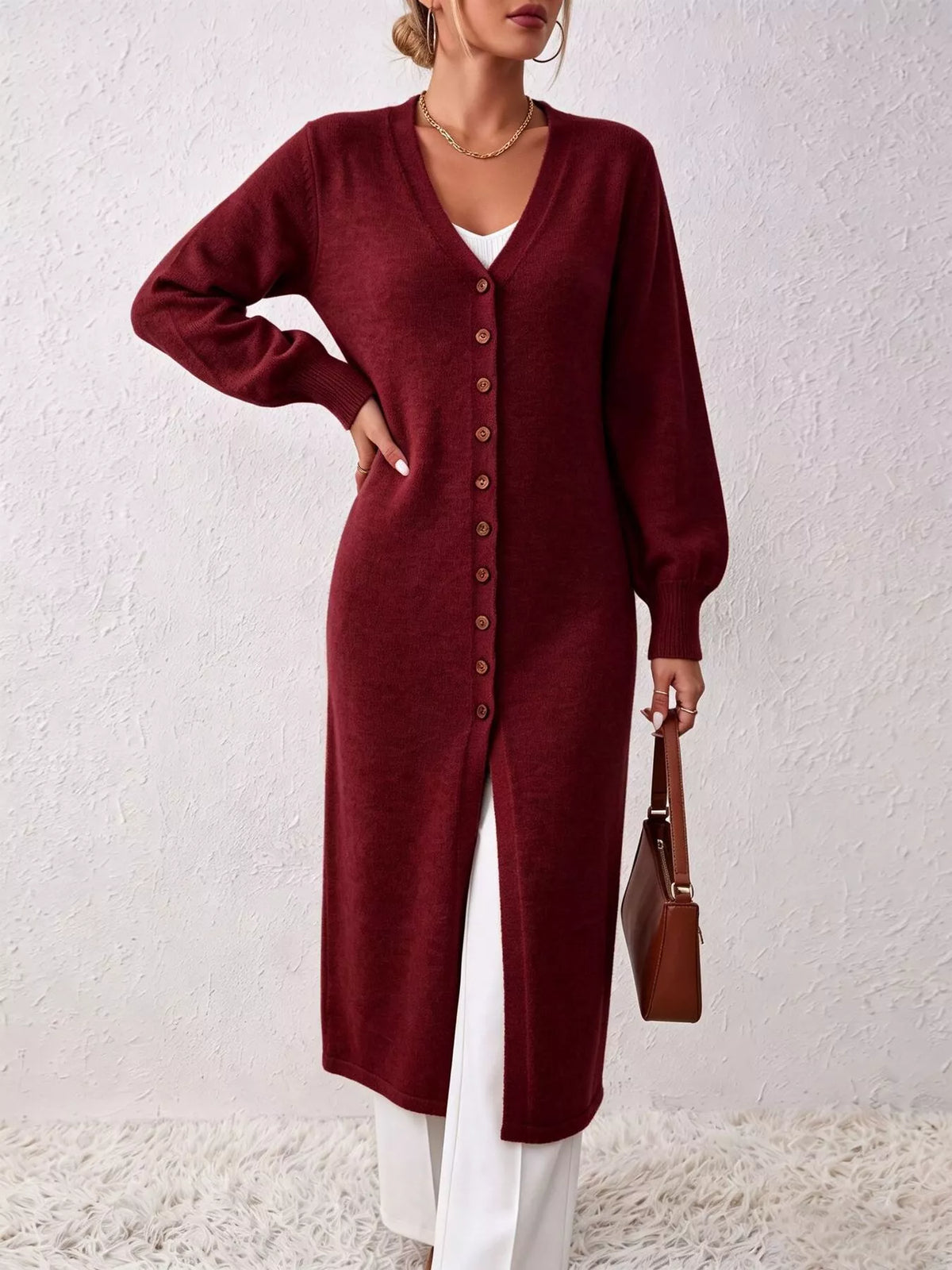 Button Front Long Sleeve Sweater Dress - Lilixa.store
