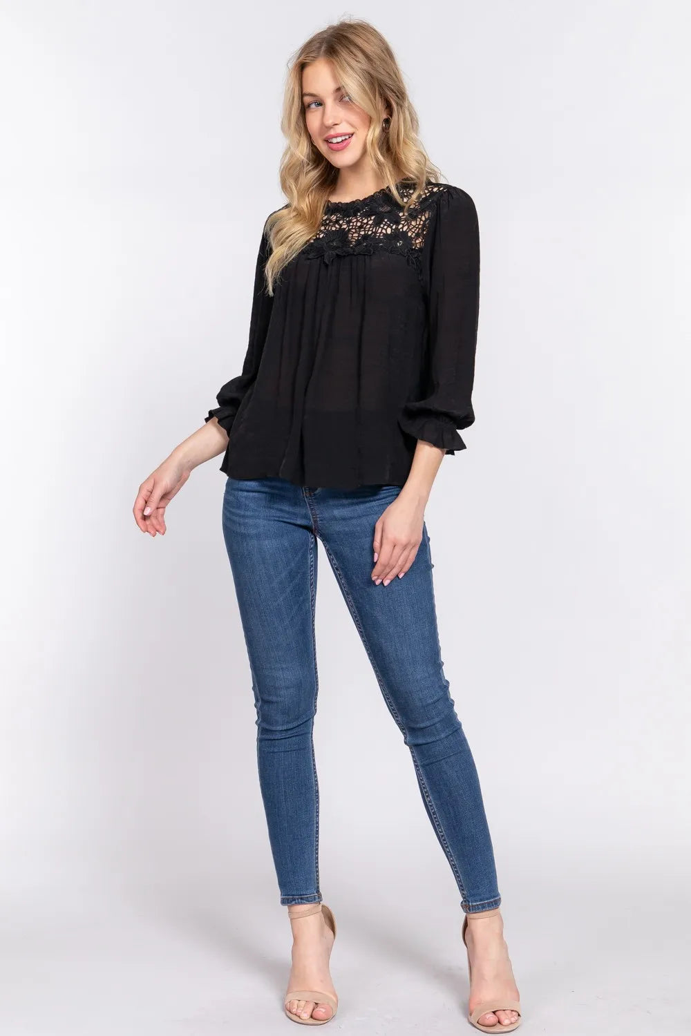 ACTIVE BASIC Crochet Lace Panel Flounce Sleeve Blouse - Lilixa.store