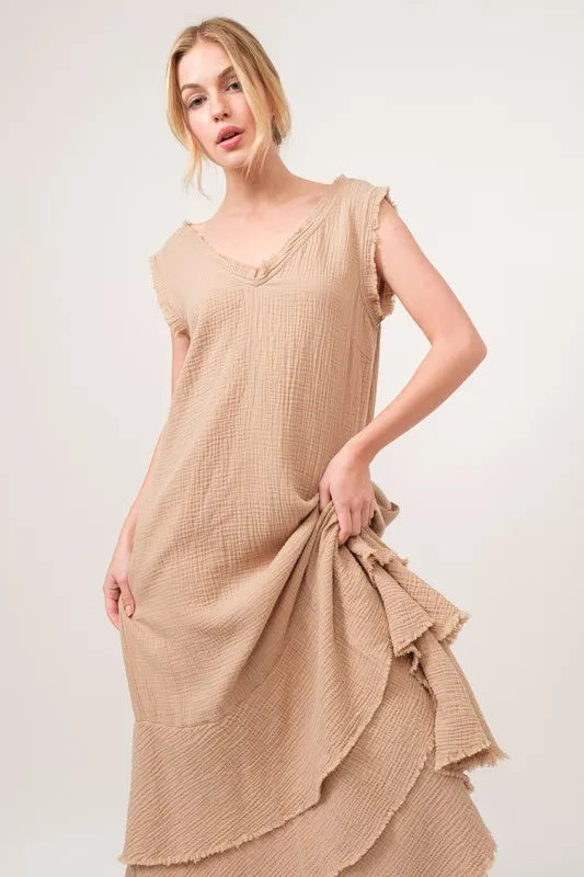 And The Why Washed Fringe Detail Tiered Dress - Lilixa.store