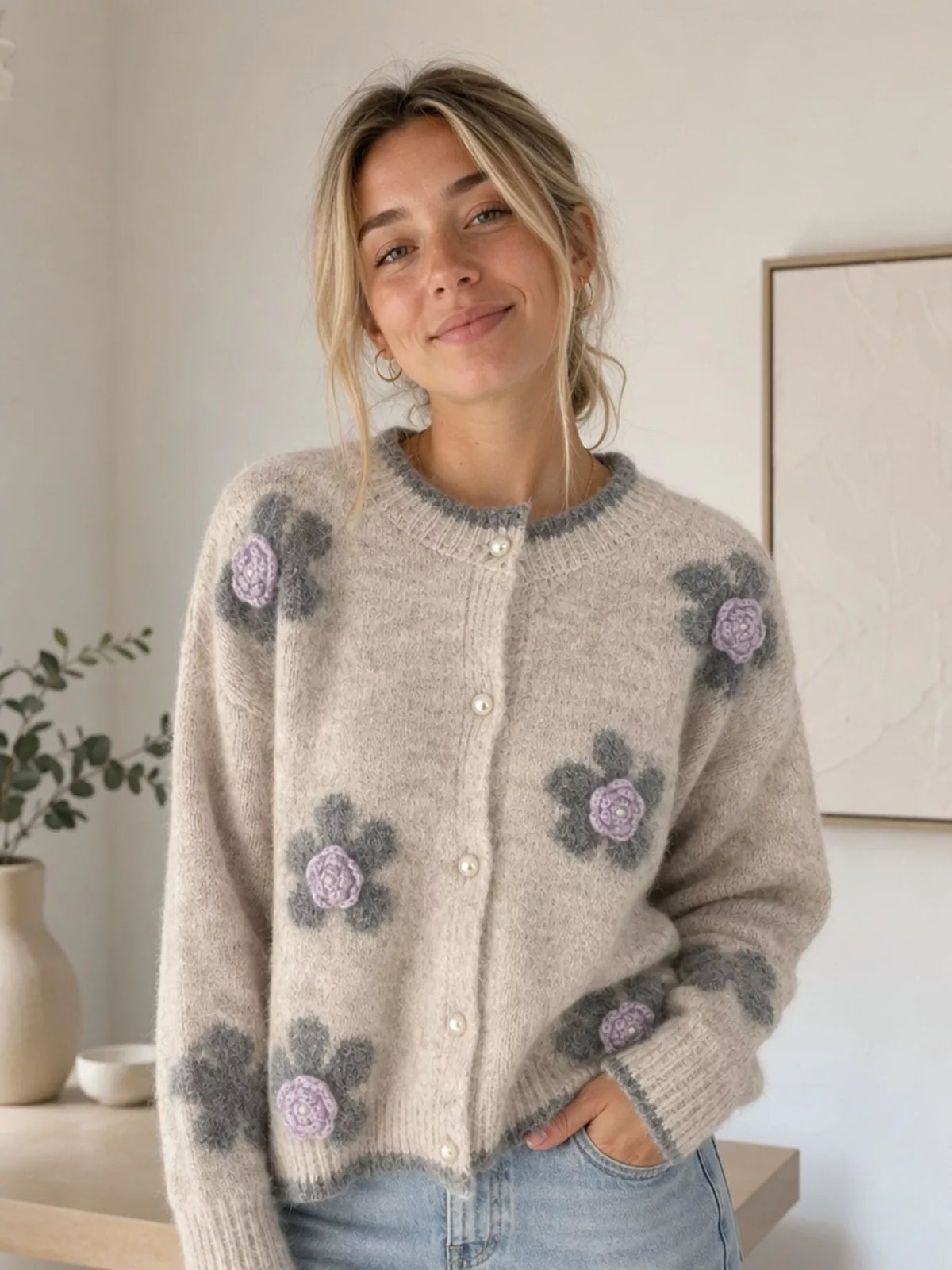 Floral Applique Button-Down Knit Cardigan, view 2