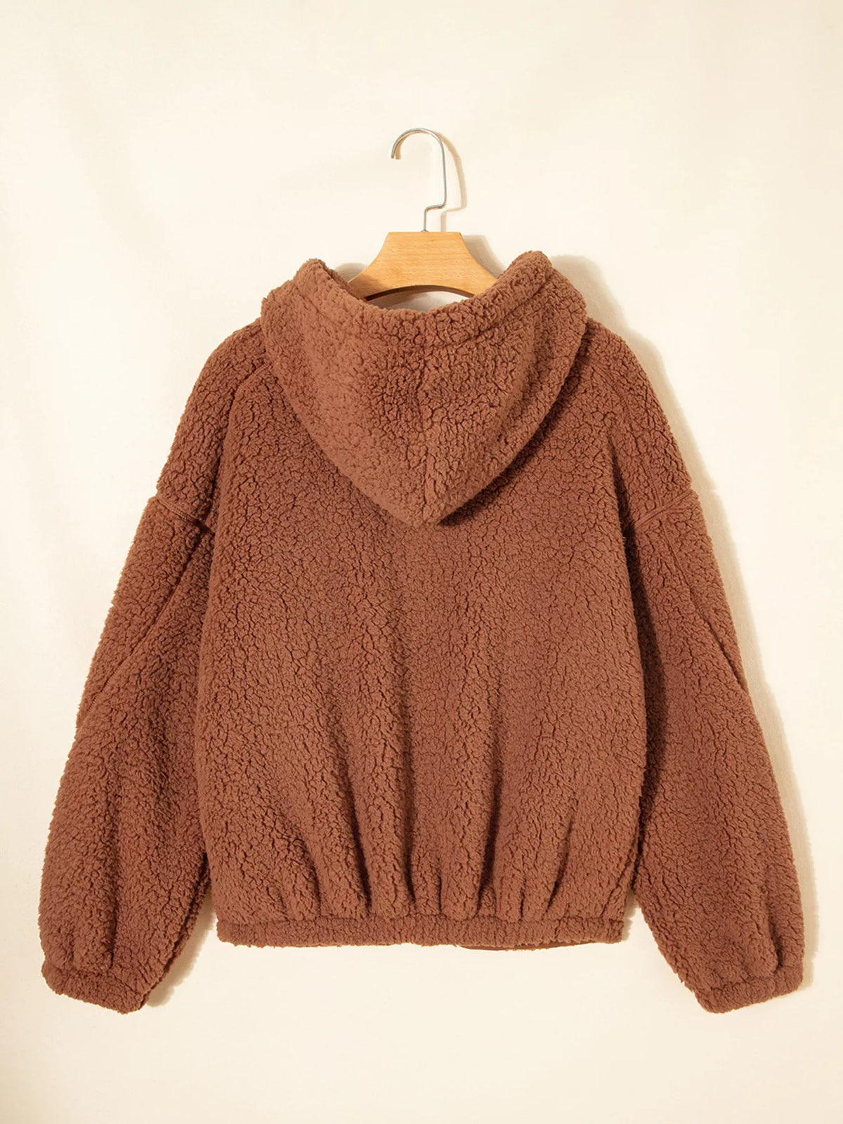 Zip Up Hooded Sherpa Jacket in Caramel, view 9