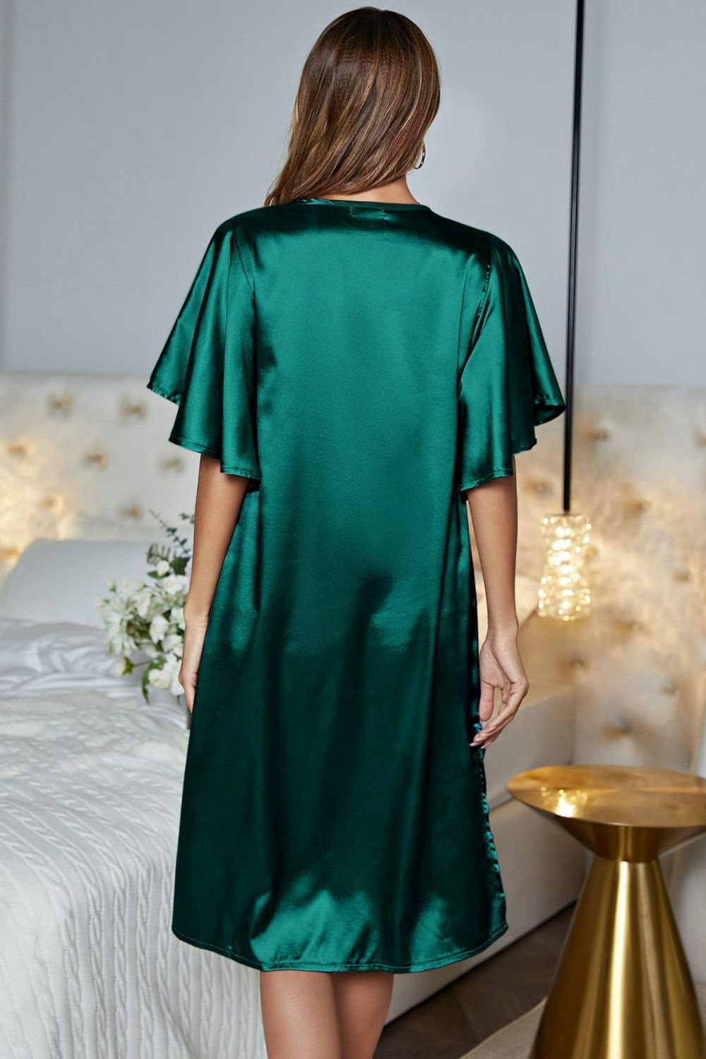 Satin Flutter Sleeve Side Slit V-Neck Night Dress - Lilixa.store