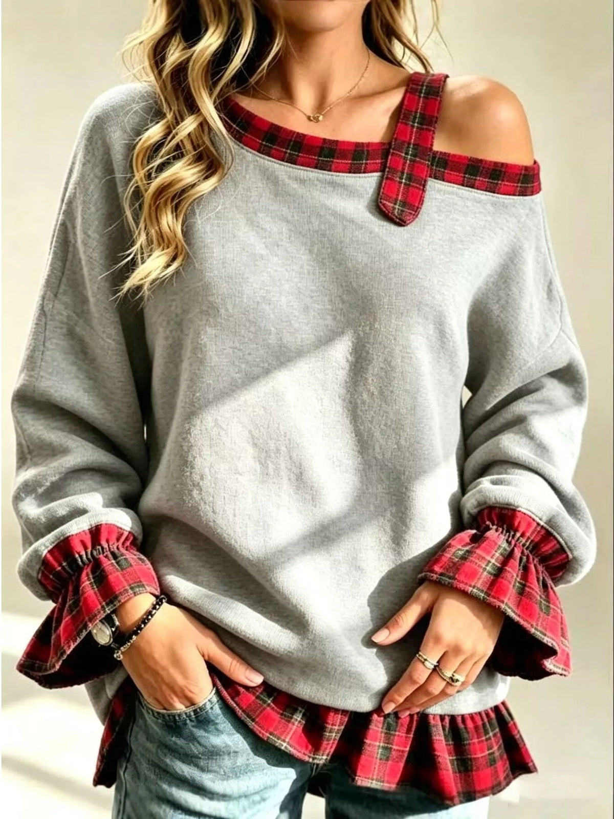 Full Size Cold-Shoulder Plaid Patchwork Long Sleeve Top Plus Size - Lilixa.store