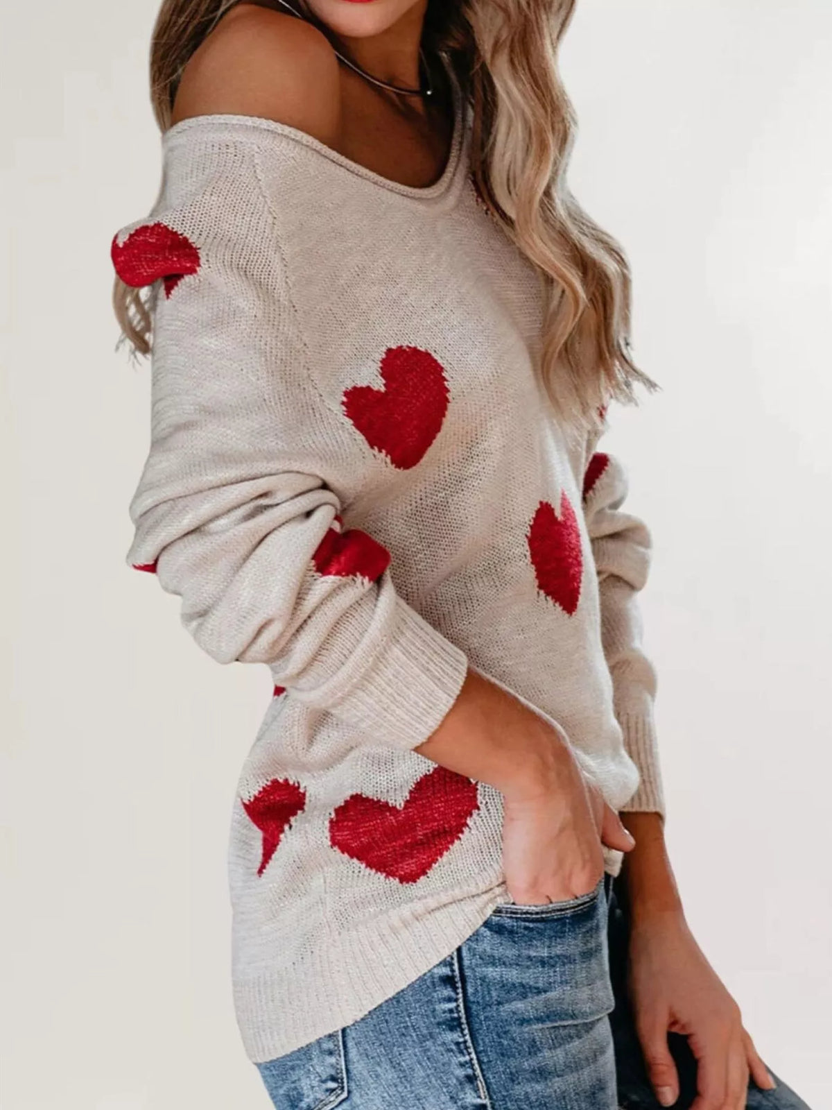 Heart Pattern V-Neck Sweater