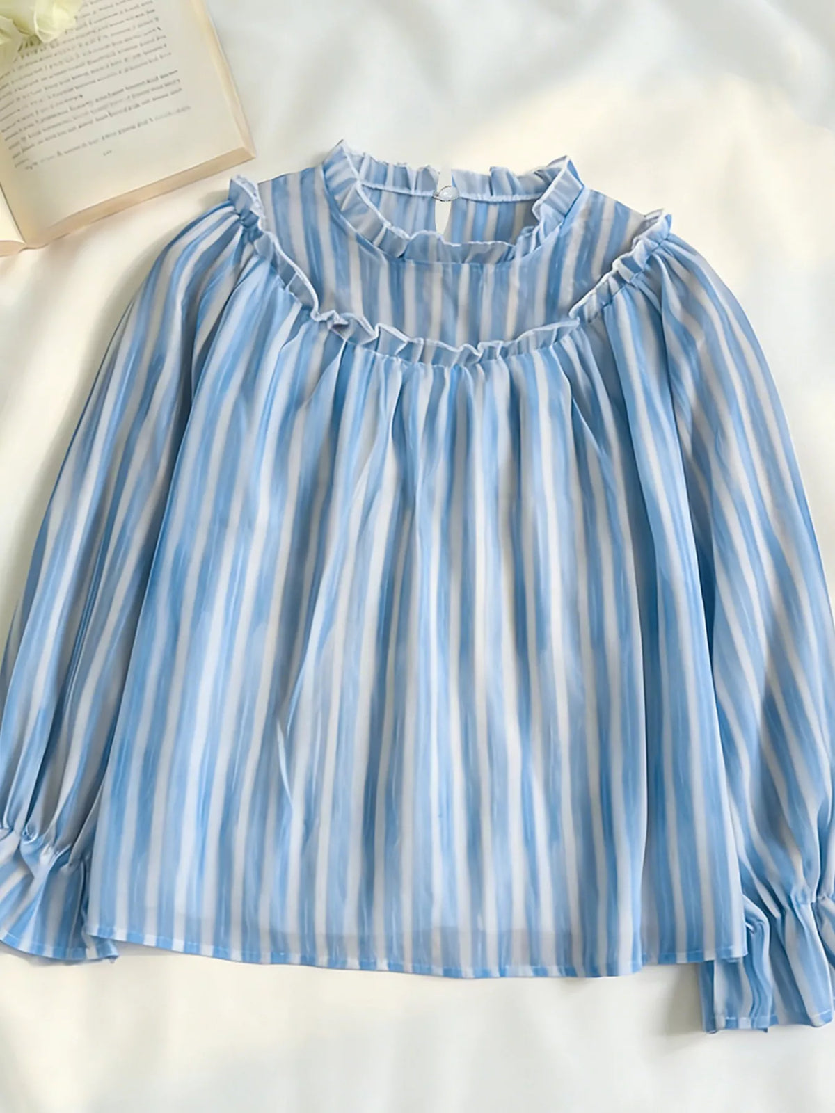 Striped Flounce Sleeve Blouse in Blue, view 4