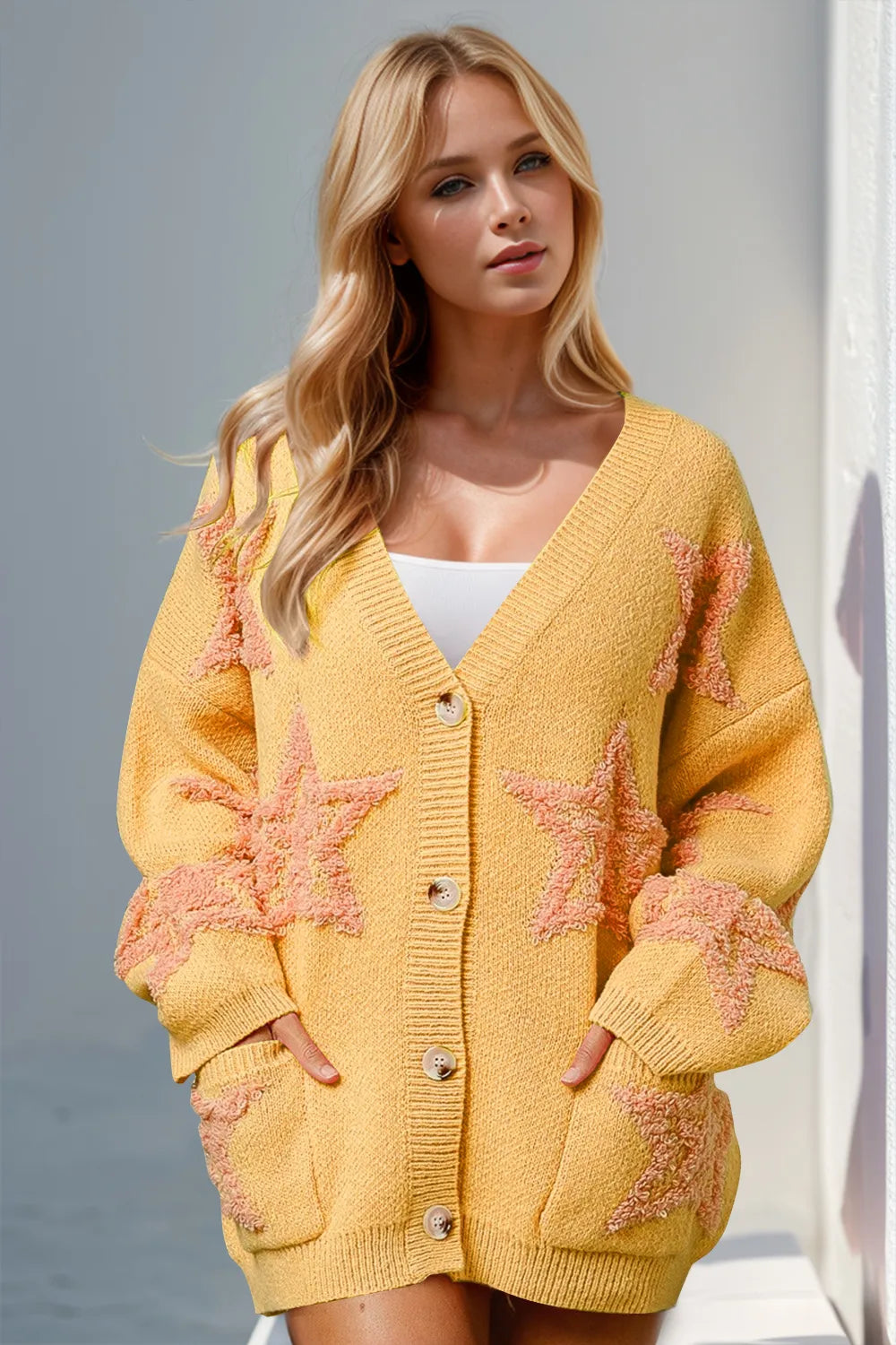Double Take Full Size Button Up Star Pattern Cardigan in Yellow