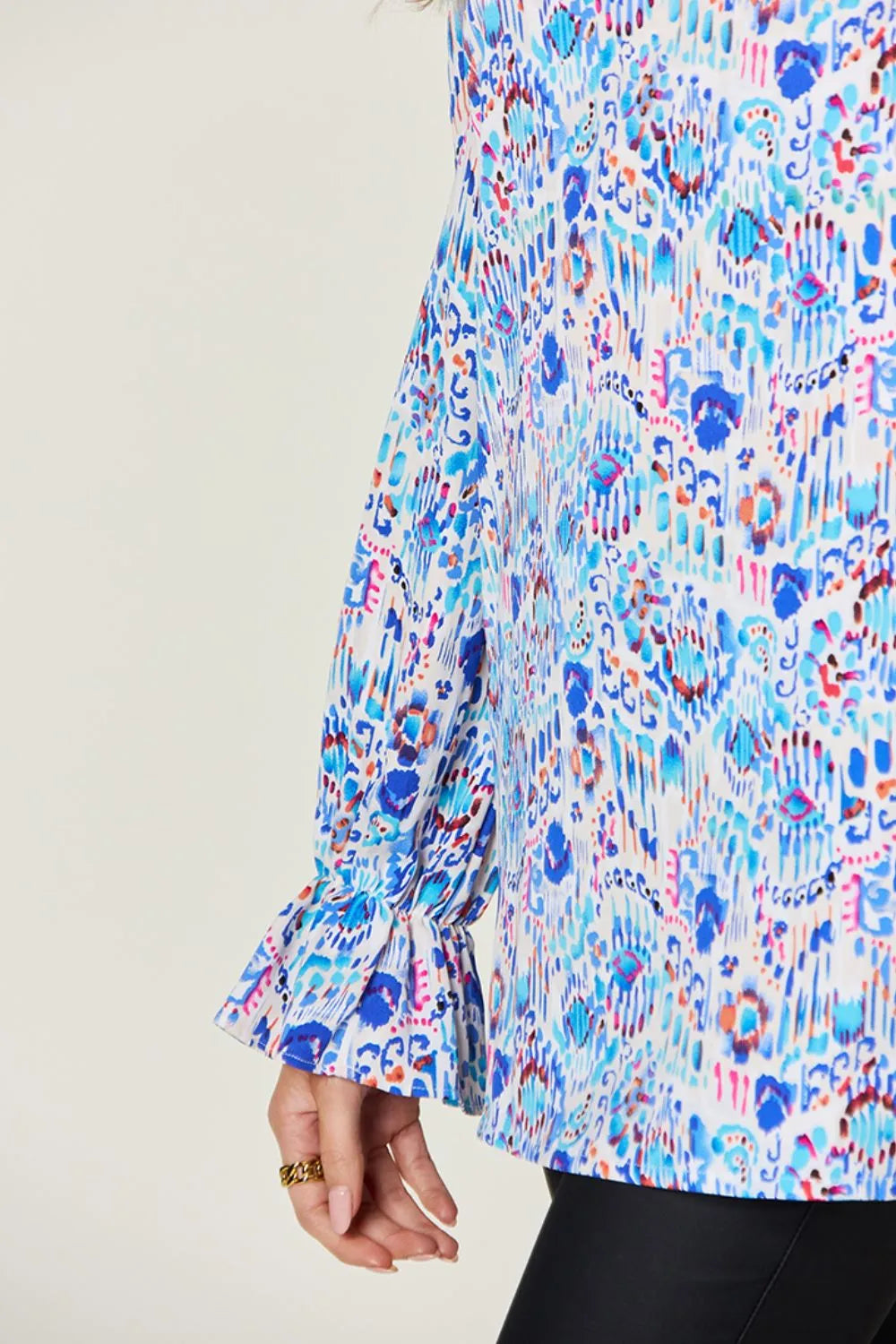 Double Take Full Size Printed Flounce Sleeve Blouse - Lilixa.store