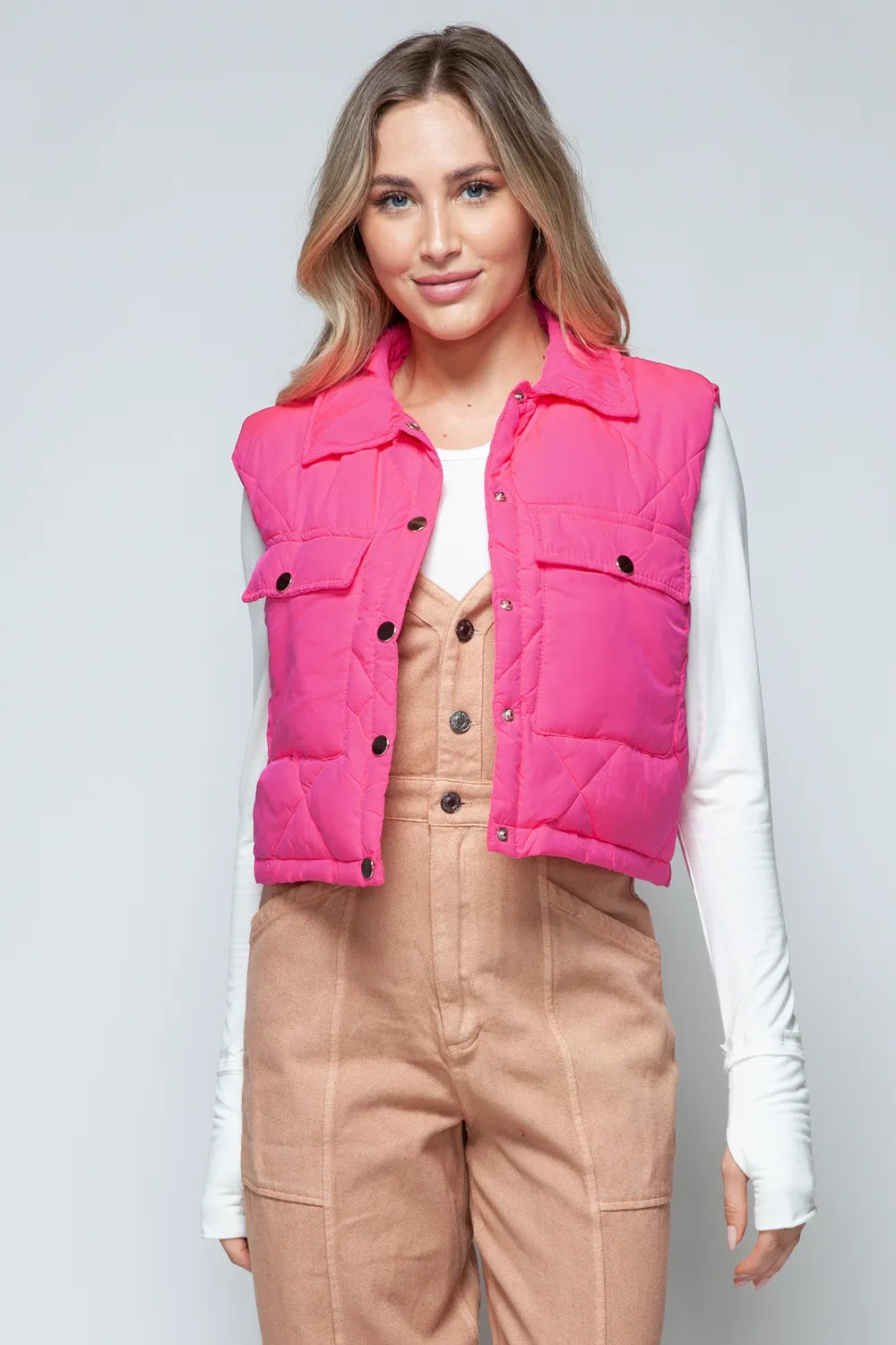 Snobbish Snap Down Quilted Crop Vest in Hot Pink, view 6