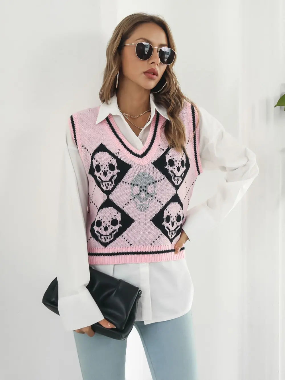 Skull Contrast V-Neck Sweater Vest, view 5