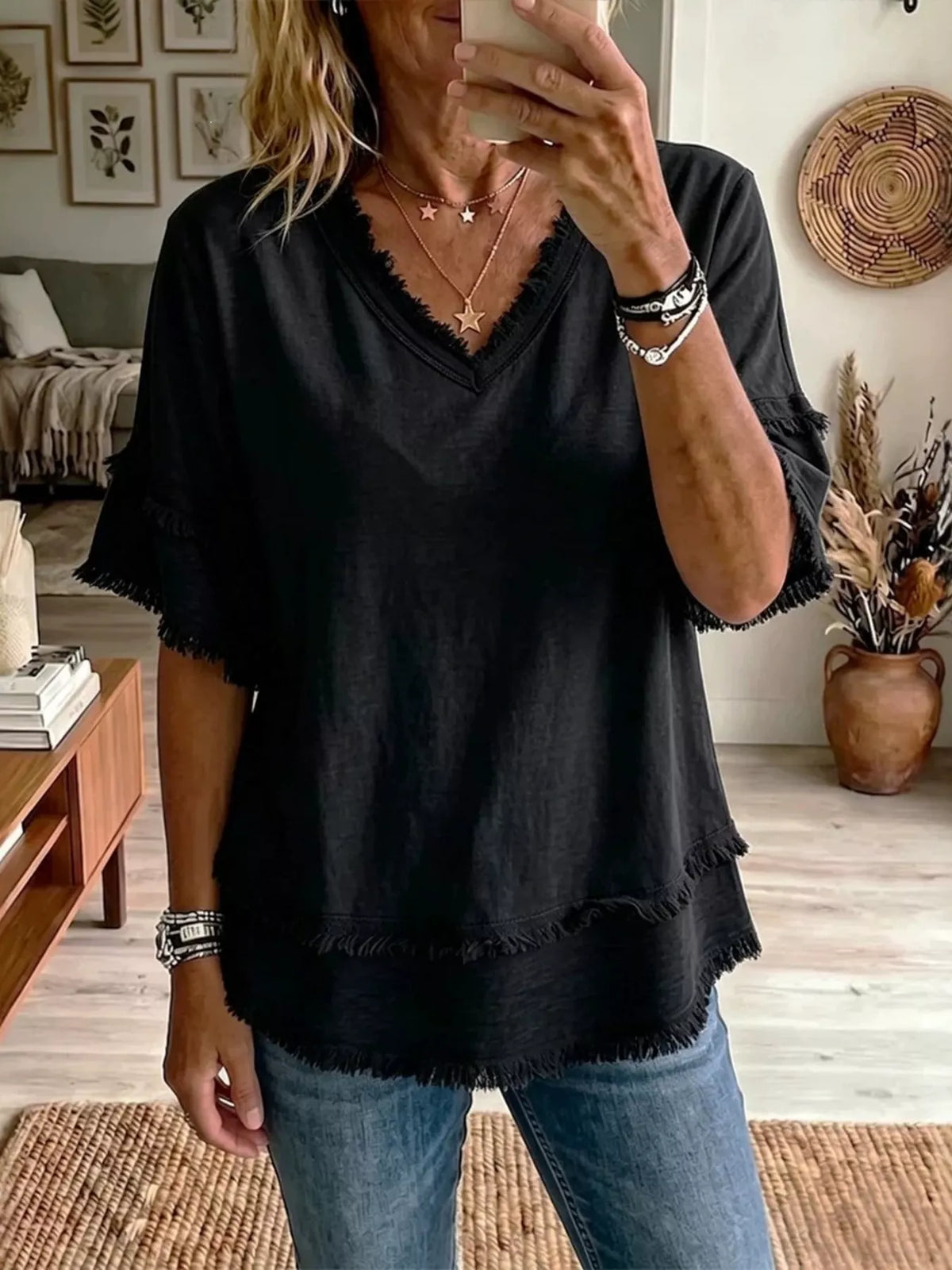 Full Size Frayed Edge V-Neck Blouse Plus Size - Lilixa.store