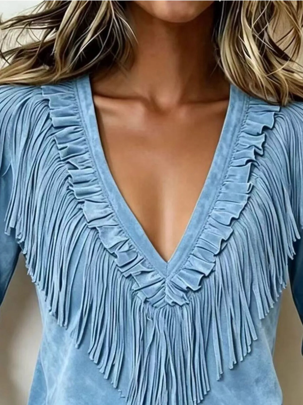 Fringed V-Neck Blouse