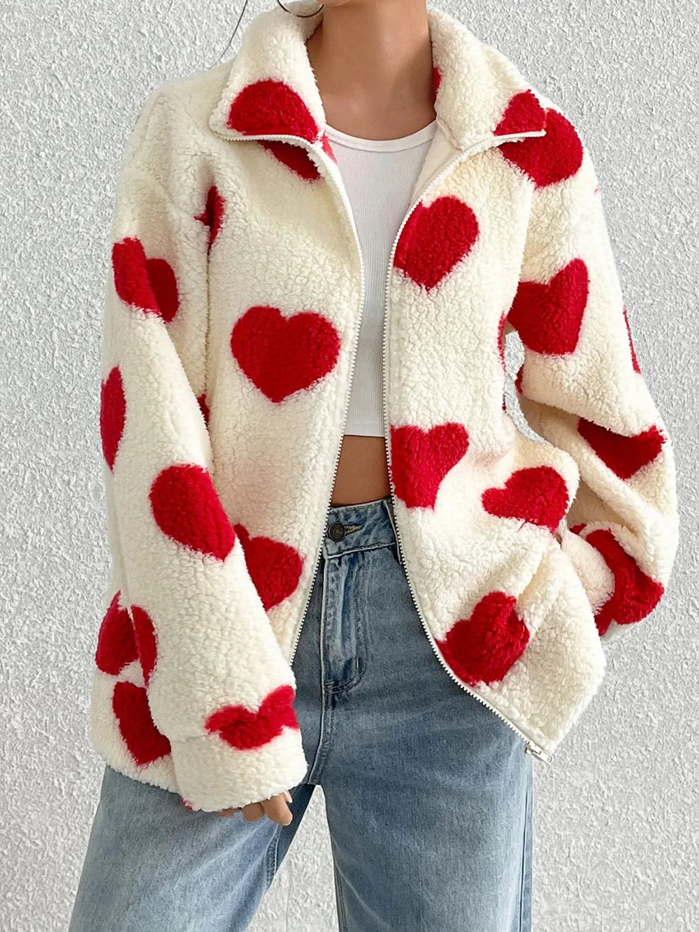 Heart Zip Up Drop Shoulder Furry Jacket, view 4