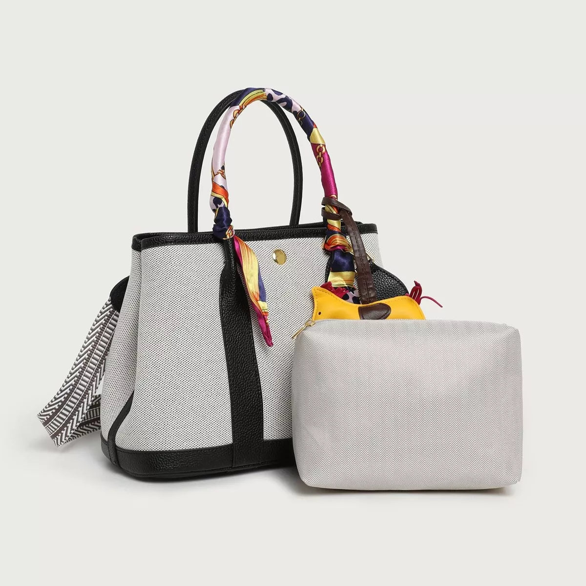 Canvas Handbag with Silk Scarf and Horse Charm in Black, view 2