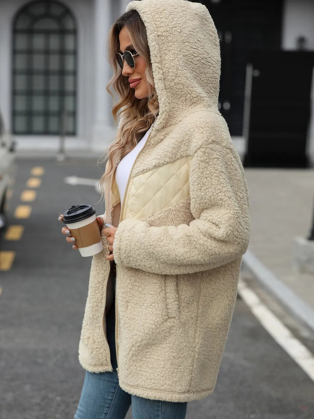 Fuzzy Zip Up Long Sleeve Hooded Jacket, view 2