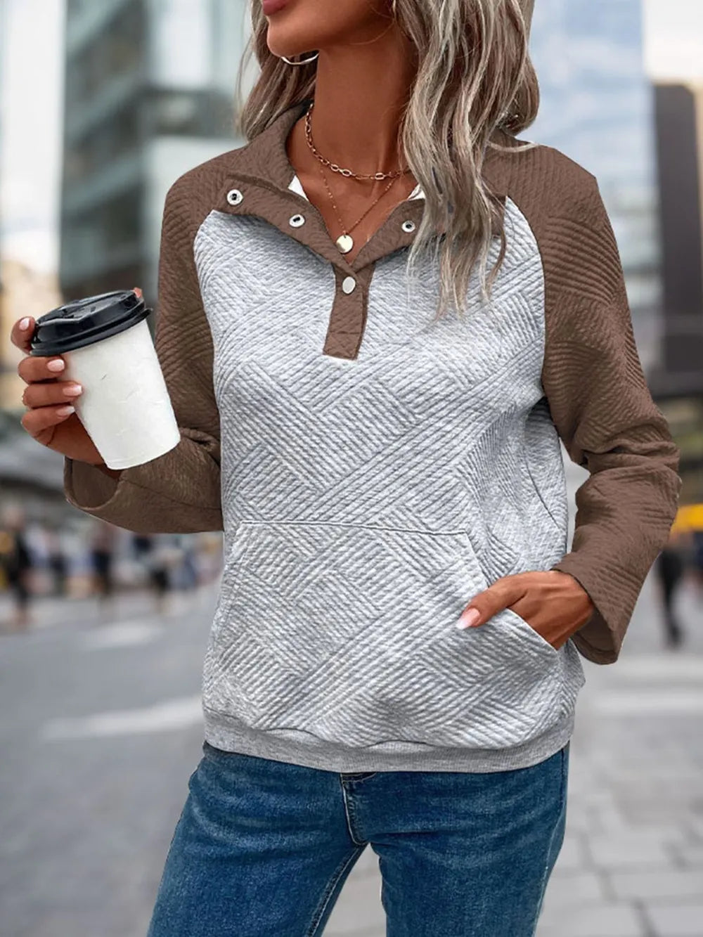 Perfee Contrast Textured Long Sleeve Sweatshirt - Lilixa.store
