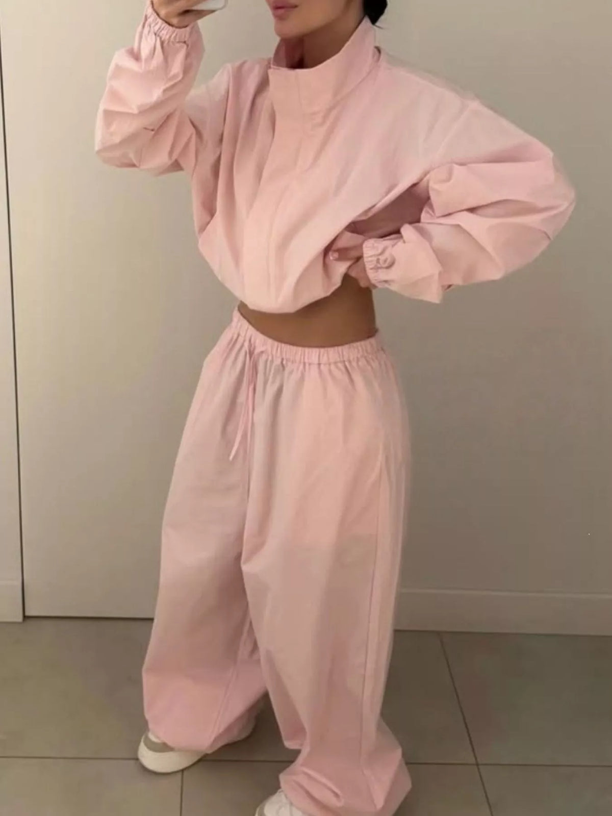 Drawstring Hem Crop Jacket and Wide-Leg Pant Set in Pink
