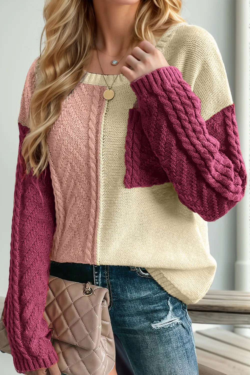 Double Take Full Size Color Block Drop Shoulder Sweater in Red-Violet