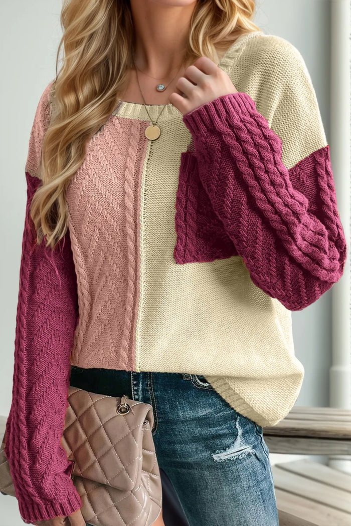 Double Take Full Size Color Block Drop Shoulder Sweater in Red-Violet
