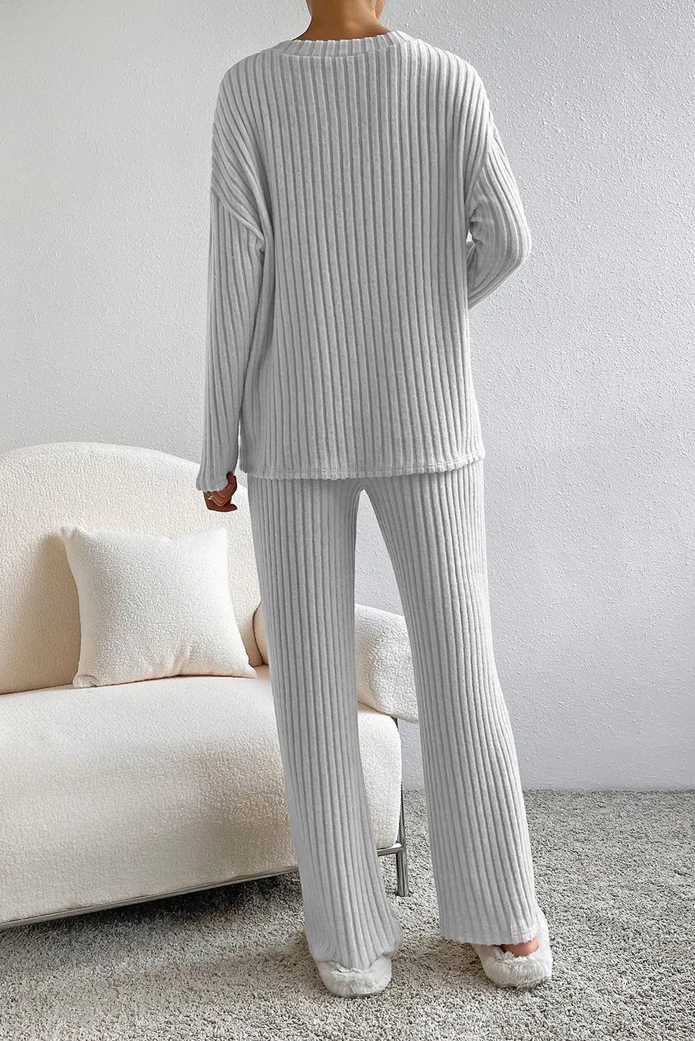 Ribbed V-Neck Top and Pants Lounge Set - Lilixa.store