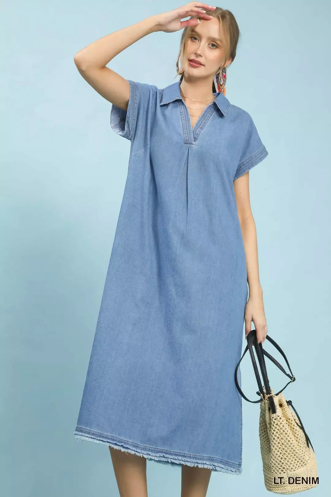 Umgee Stone Washed Collared Denim Midi Dress - Lilixa.store