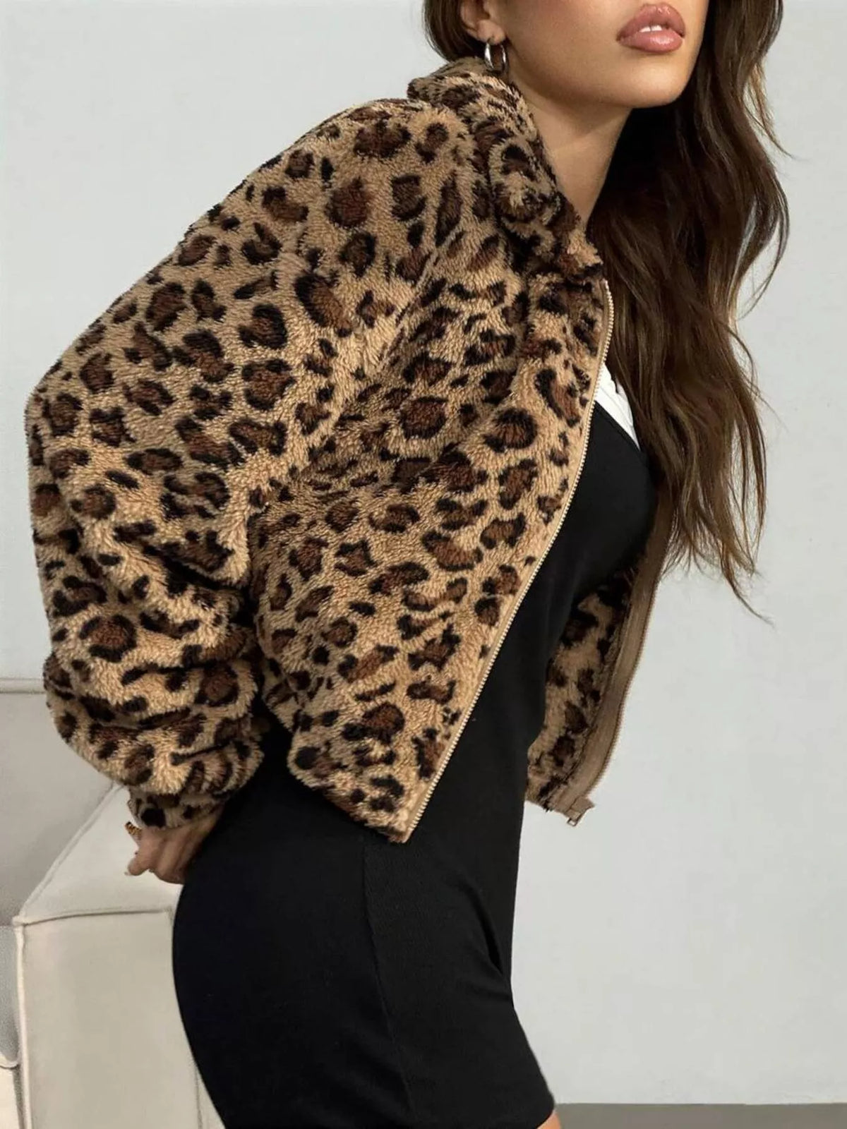 Leopard Print Fuzzy Cropped Jacket, view 5